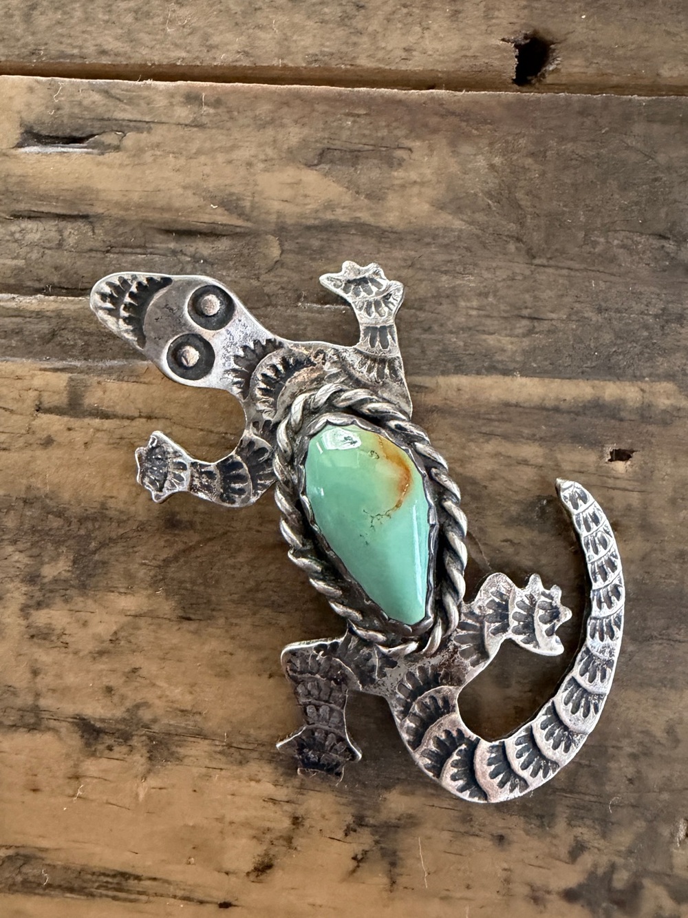 Vintage Native Navajo Albert Jeanette Cleveland SS Turquoise Lizard Pin Brooch